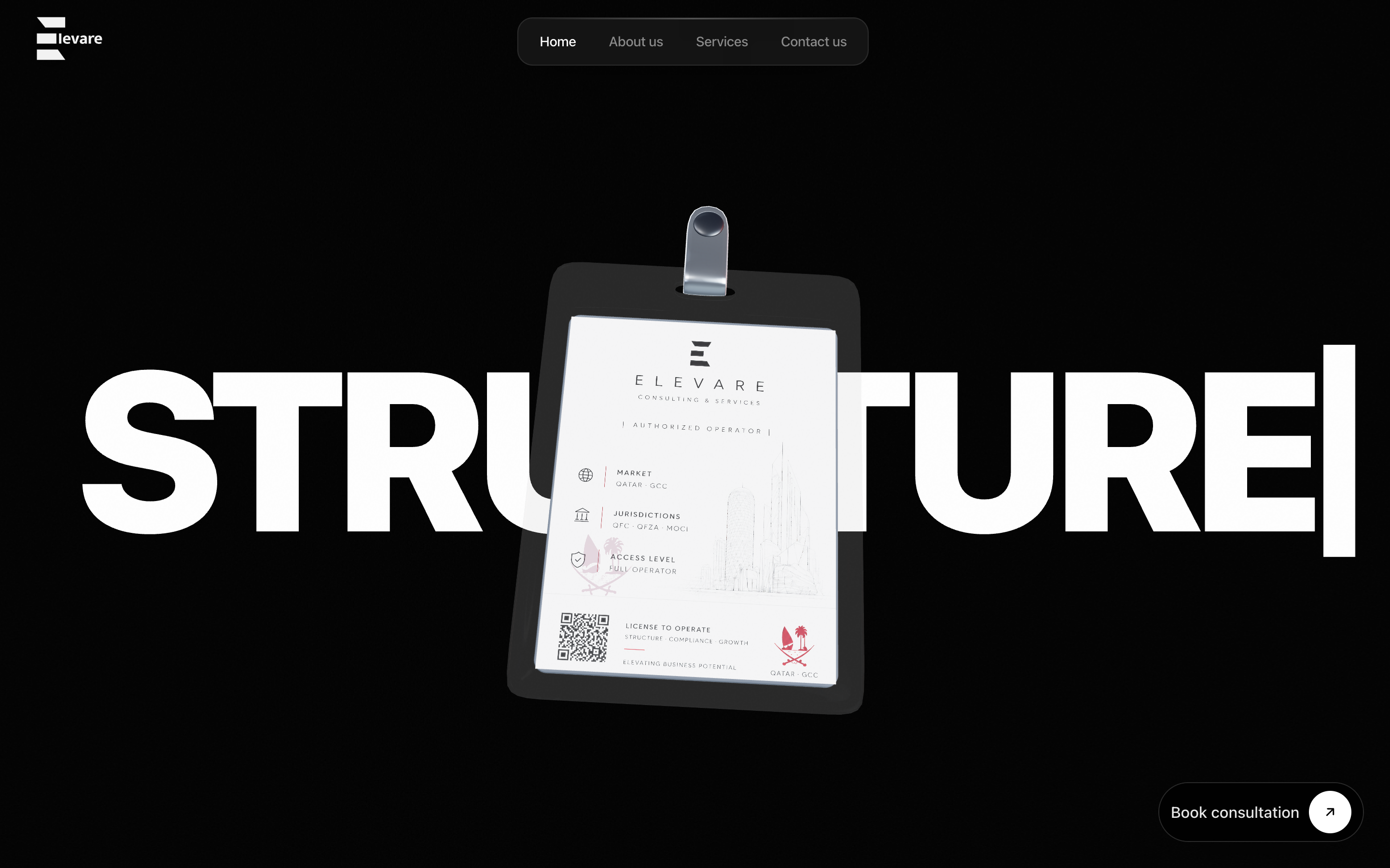 Elevare hero — 3D digital pass with kinetic STRUCTURE wordmark